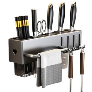 Organizator de perete, pentru bucatarie, 30 cm, 4 carlige, un suport pentru prosoape, din otel, montare pe perete cu suruburi