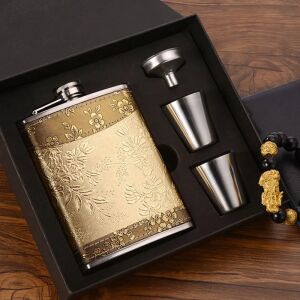 Set plosca deluxe cu pahare si palnie, otel inoxidabil, accesorii pentru bauturi fine, portabila pentru whisky si cognac, set elegant pentru servire, design premium si durabil, 236 ml