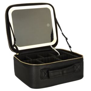 Organizator, de cosmetice, cu oglinda LED, impermeabil, din plastic, multiple compartimente ajustabile, maner detasabil pentru transport usor, negru 131846072 - Kozmetikai gyakorló segédeszköz