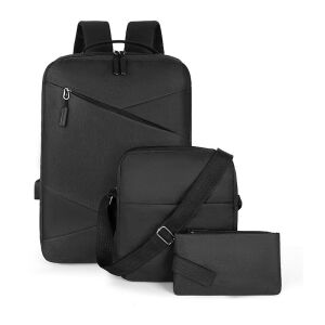 Set, Trio Rucsac Laptop, cu USB, Negru, din poliester, port usb extern, multiple buzunare si spatii de depozitare, design ergonomic, modern si minimalist