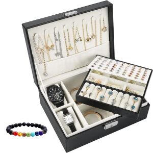 Set Cutie de bijuterii, 2 etaje, neagra, Sunrise, cu cheita, compartimente pentru ceas, inele, cercei, design elegant, 23x17.5x8.5cm, accesoriu inclus Bratara energetica aromaterapie, 7 Ch