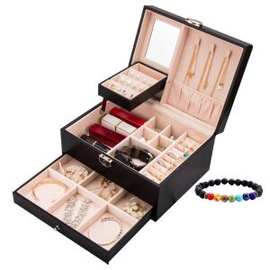 Set Cutie de bijuterii, etajata, neagra, Misteriosa, cu cheita, compartimente detasabile, design elegant, 22.5x17x12cm, accesoriu inclus Bratara energetica aromaterapie, 7 Chakre, roca vul