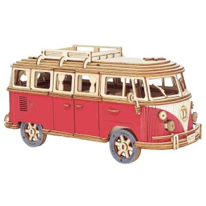 Puzzle 3D, din lemn, Masina Retro, rosu, reconstituie cu fidelitate minibusul de lux, adesea numit "samba bus", pentru dezvoltarea abilitatilor motrice fine si a recunoasterii spatiale, Lungimea de 29 cm, latimea de 11.5 cm