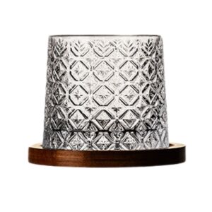 Whiskys pohár, Jégvirág, fa talppal, üveg, átlátszó, 11 x 9,2 x 8 cm