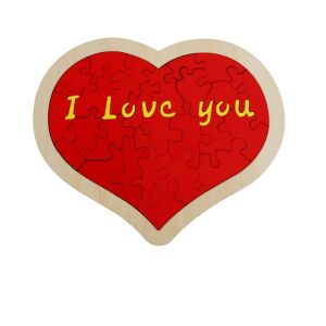 Puzzle 3D, din lemn, Inimioara, 22 cm latime x 18 cm inaltime, 24 de piese care se imbina armonios, "I Love You" integrat in design, perfect pentru a transmite sentimente calde partenerului