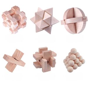 Set 6 Puzzle-uri, din Lemn, Kongming Lock, 4.5 x 4.5 cm, pentru varste de 6 ani si peste, usor de transportat si de folosit oriunde te-ai afla, design unic si niveluri variate de dificultate