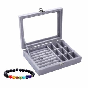 Set Cutie de bijuterii, Gri, My love, fereastra transparenta, compartimente detasabile, eleganta, design rafinat, 20x15x4.8cm, accesoriu inclus Bratara energetica aromaterapie, 7 Chakre, r