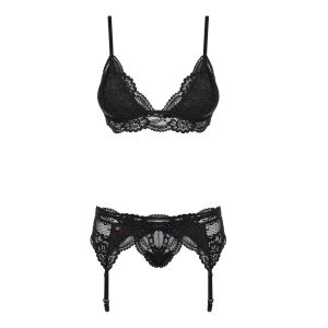 Obsessive 810-SEG-1 schwarzes Spitzen-Dessous-Set mit BH, Strapsgürtel und Tanga - Obsessive