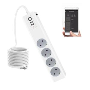 RSH® WT012-EU - SMART okos elosztó: 4x külön vezérelhető aljzat + 2x USB töltő. Túlfeszültség ellen védett, Applikációs irányítás