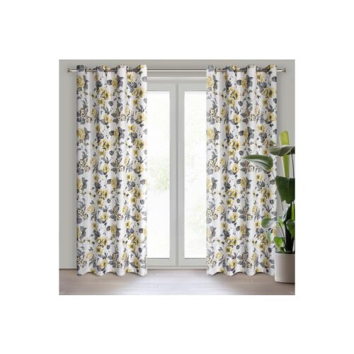 Delia virágos sötétítő függöny, fehér, sárga és szürke virágokkal, 140x250 cm