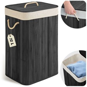 Massido 72L Bamboo Laundry Basket with Lid, removable liner, and rope handles - Laundry Basket