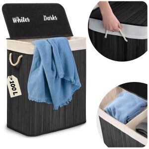 Massido bamboo laundry hamper with lid, 100L capacity, two compartments for sorting whites and darks, with cotton liner - Laundry Basket
