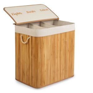 Massido 150L bamboo laundry hamper with open lid showing compartments - Laundry Basket