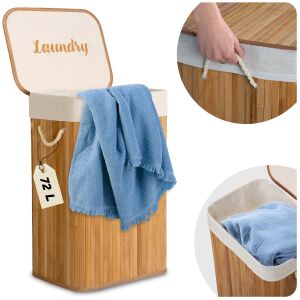 Massido 72L bamboo laundry basket with lid and removable liner, collage view - Laundry Basket