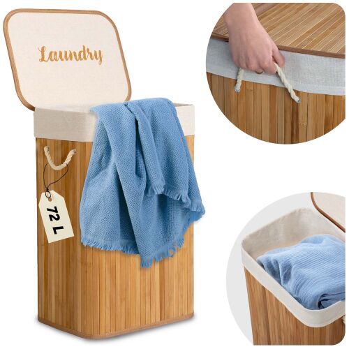 Massido 72L bambusz szennyeskosár fedővel és kivehető béléssel, kollázs nézet