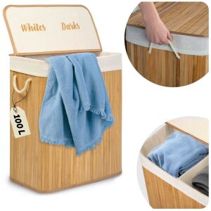 Collage of Massido bamboo laundry hamper features: capacity, sorting, and lid - Laundry Basket