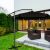 Black cantilever garden parasol in outdoor setting