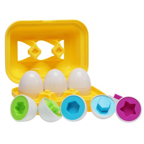 Baby Toy Baby Eggs formaillesztő játék, nyitott tojáskarton 3 tojással és 5 formaillesztő betéttel