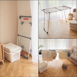 Collage des Springos Ha7508 horizon Wäschetrockners zusammengeklappt, ausgezogen und im Einsatz - Springos