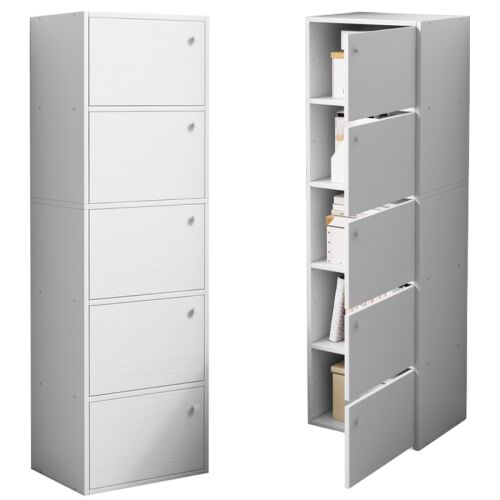 Biela skrinka so zatvorenými a otvorenými dverami, ktorá predstavuje úložný priestor