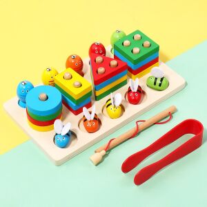 Montessori válogató és horgász játék, KipHome, fából, +3 éves kortól, mágneses, geometriai formák modell, halacskák és méhecskék, 22.5 x 13 x 5.3 cm, Multicolor