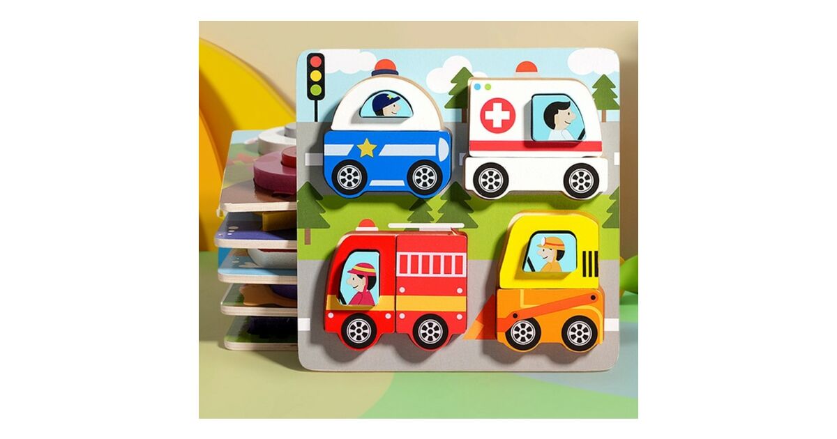 Montessori játék, KipHome, 3D puzzle típusú, fából, +36 hónapos kortól, Autók modell, 18 x 18 x 1.5 cm, Multicolor 131953197