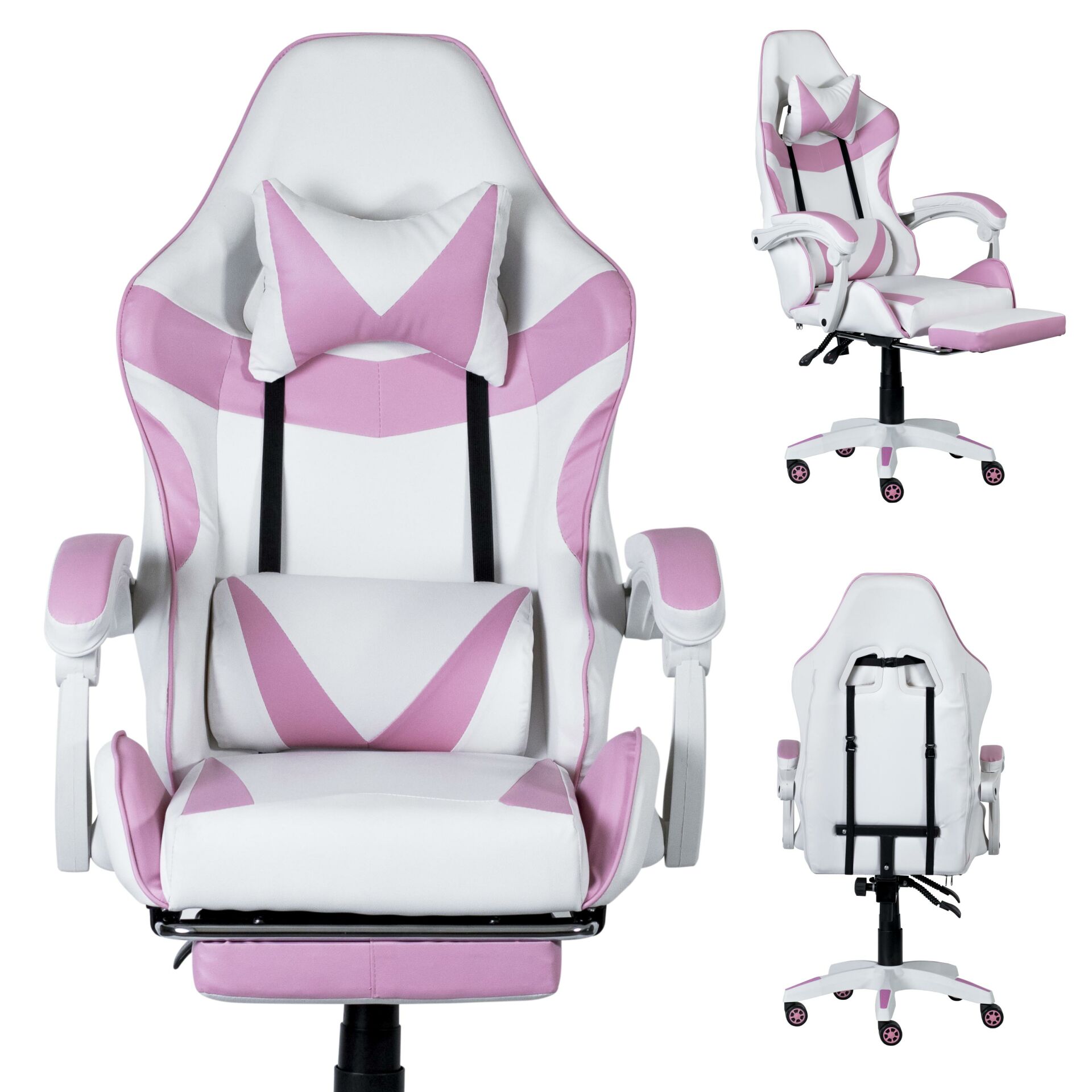 MTG Gamer szék nyak-és derékpárnával + lábtartóval - fehér-rózsaszín