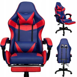 Геймърски стол MTG син и червен с възглавници за подкрепа на врата и кръста и поставка за крака, множество изгледи - Офис мебели