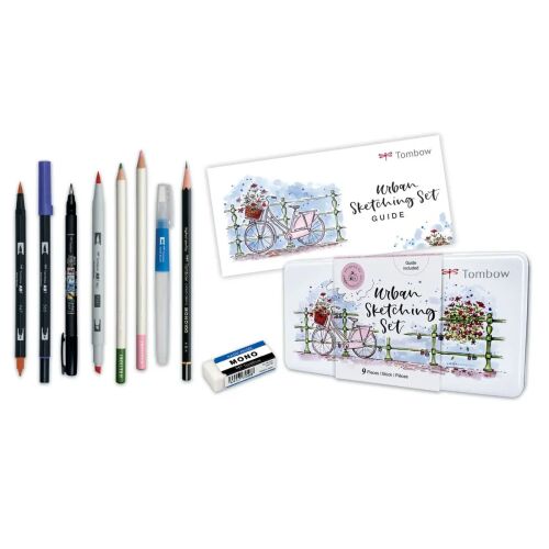 Tombow Urban Sketching Set mit 9 Teilen: Marker, Stifte, Radiergummi und Anleitung.