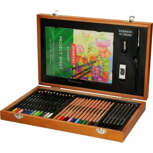 Derwent Academy 35-teiliges Kunstset in Holzbox, Buntstifte, Bleistifte, Spitzer, Radiergummi und Pinsel