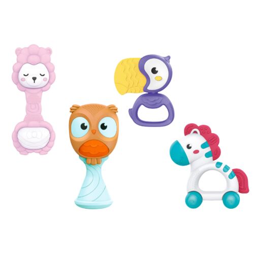 Állatfigurás baba csörgő és rágóka szett oroszlán, tukán, bagoly és zebra figurákkal.
