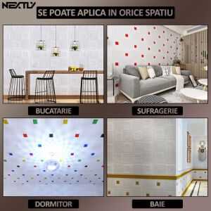 Set 50 x tapet autoadeziv 3D NEXTLY, pentru perete sau tavan, waterproof, ajustabil, adeziv puternic, usor de montat, suprafata acoperire 26.5 mp, 70x77 cm, design modern, multicolor, cod 7-V2
