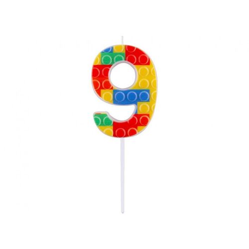 Lumânare aniversară Pick Blocks numărul 9, design colorat cu blocuri de construcție