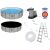 Componentele setului de piscina cu cadru metalic Bestway San Juan: piscina, pompa de filtrare, scara, husa
