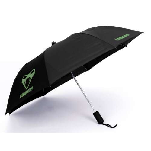 CobraEleven automatic umbrella, black with green logo, windproof, ergonomic handle, wrist strap