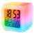 Color changing alarm clock with digital display, shows time, date, day of the week, and temperature