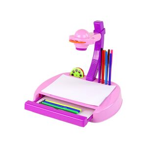 Rózsaszín rajzoló projektor asztallal és fiókkal