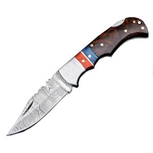 Taschenmesser aus Damaststahl, 17 cm, klappbar mit Verriegelung, Holzgriff, inklusive Lederscheide 135876081 - Taschenmesser & Faltmesser
