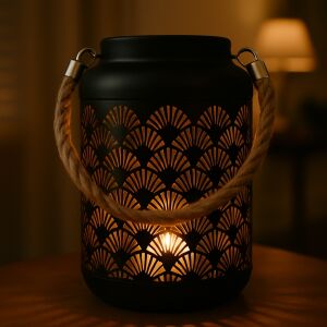 Deko-Laterne aus Metall mit gelochtem Fächermuster und Seilhenkel, 17 cm, Arti Casa