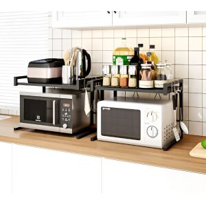 Crni rastezljivi stalak za mikrovalnu pećnicu s kuhinjskim priborom i začinima - Organizator za kuhinju