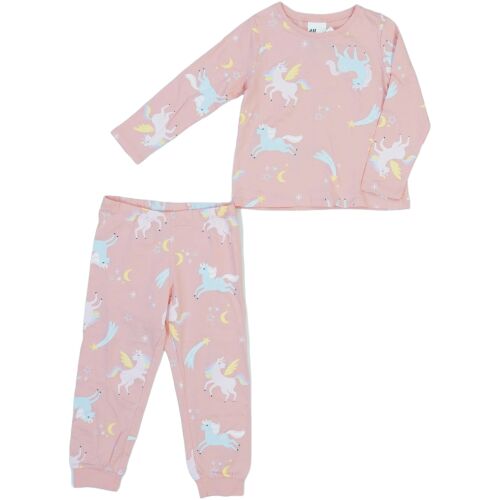 Set pijama roz H&M pentru fete cu unicorn, marimea 104. Bluza cu maneca lunga si pantaloni cu imprimeu unicorn si stele.