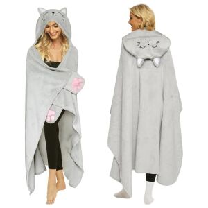 Patura Confortabila, cu Gluga si Maneci, Pisicuta, Flanel super moale si pufos, oferind un confort extraordinar, 150 cm latime x 130 cm inaltime, Gluga cu design de pisicuta si maneci pen