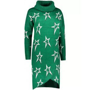 KIXMI TONYA zöld, csillagmintás garbós pulóver ruha, teljes alakos fotó. - Női pulóver