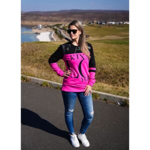 KIXMI Urania rózsaszín és fekete női pulóver viselve, teljes alakos - Női pulóver