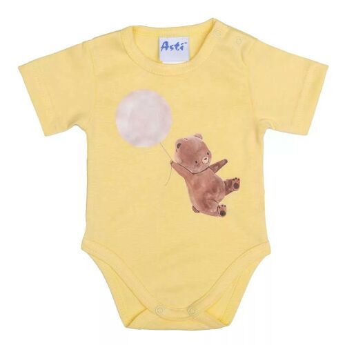 Asti rövid ujjú sárga baba body mackó és lufi grafikával - Gyerekruha és babaruha