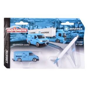 Majorette Maersk Transporter szett Volkswagen Crafterrel, MAN TGX teherautóval, Volvo teherautóval és Airbus A350-900 repülőgép játékkal - Majorette