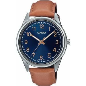 Casio Herrenuhr mit braunem Lederarmband und blauem Zifferblatt - Casio