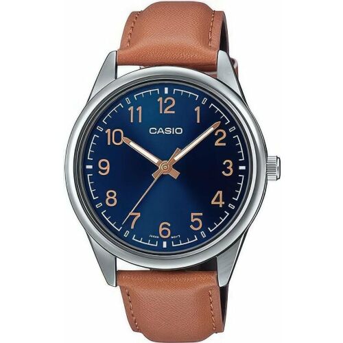 Casio Herrenuhr mit braunem Lederarmband und blauem Zifferblatt
