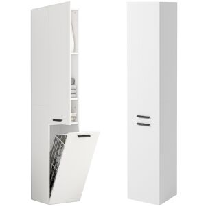 Dulap de baie alb cu rafturi și coș de rufe, vedere deschisă și închisă - Capace de toaleta/WC, Cabină de duș, Robinet, Ușă de duș, Dulap de baie, Coșuri de rufe și Set de duș