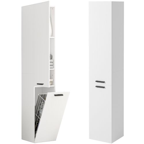 Biela kúpeľňová skrinka s policami a košom na bielizeň, otvorený a zatvorený pohľad